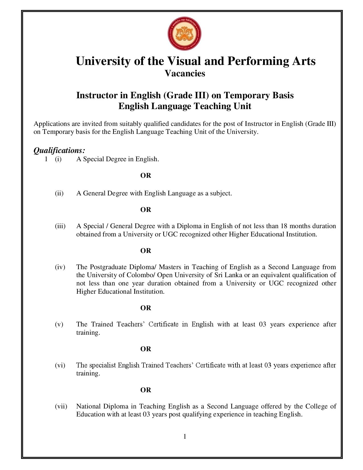 Instructor in English - University of the Visual & Performing Arts